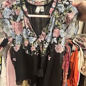 Joie Black Floral Tie-Front Sheer Sleeve Blouse with Pink & Blue Blooms
